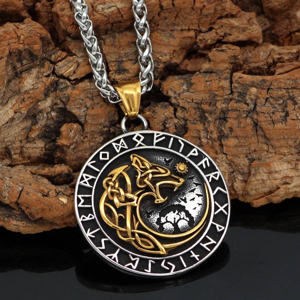 Viking Wolf Rune Pendant – Stainless Steel Nordic Amulet Necklace