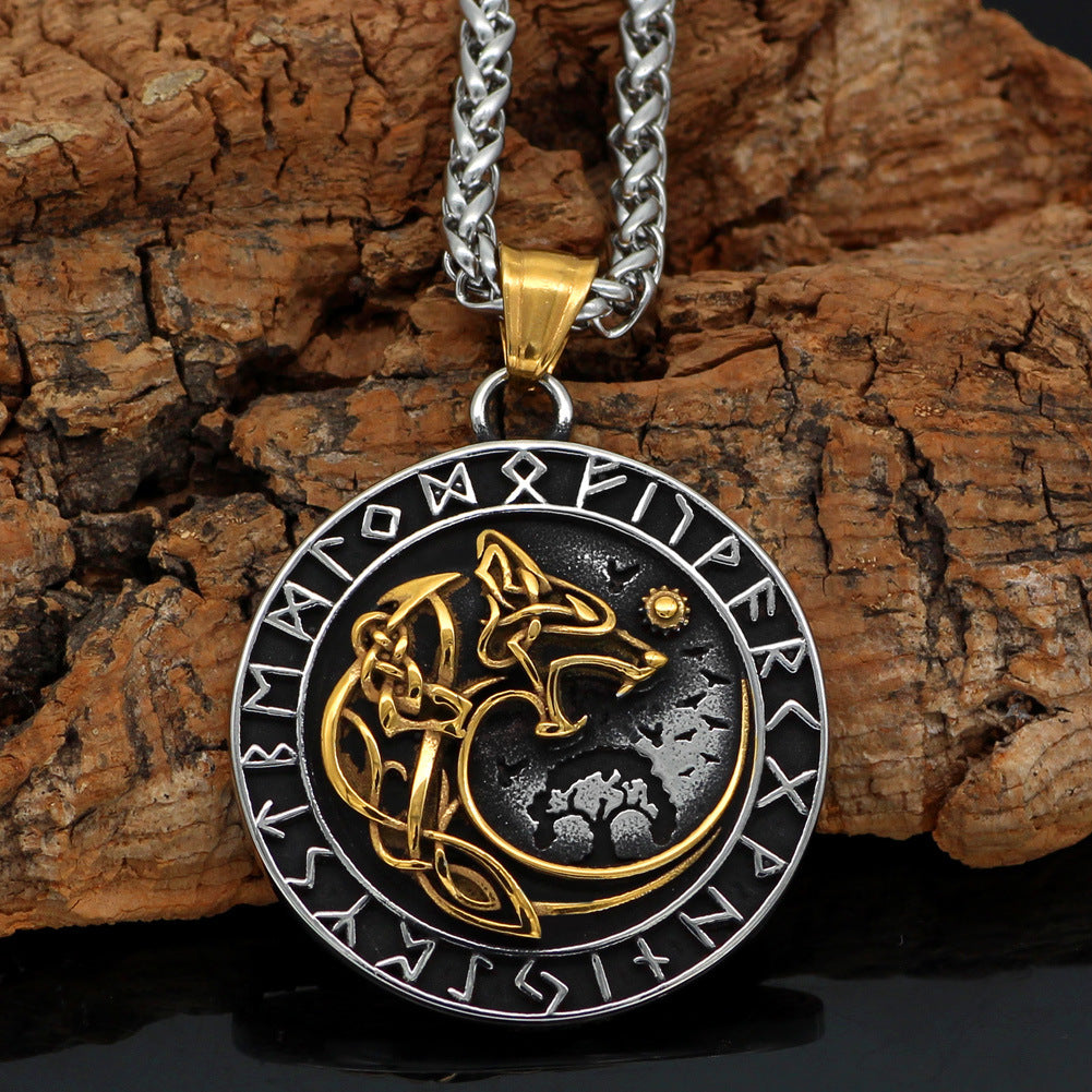 Viking Wolf Rune Pendant – Stainless Steel Nordic Amulet Necklace