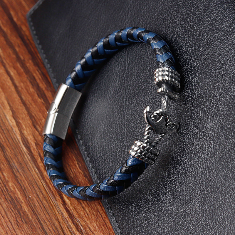 Titanium Steel Anchor Bracelet – Braided Leather Nautical Design