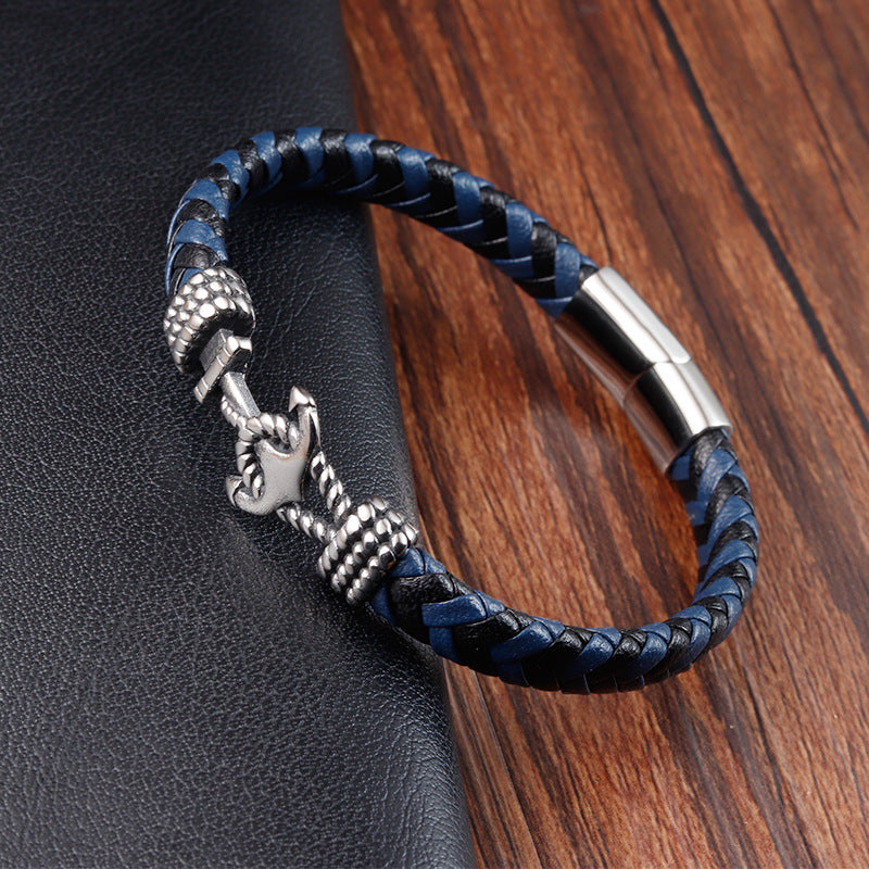 Titanium Steel Anchor Bracelet – Braided Leather Nautical Design